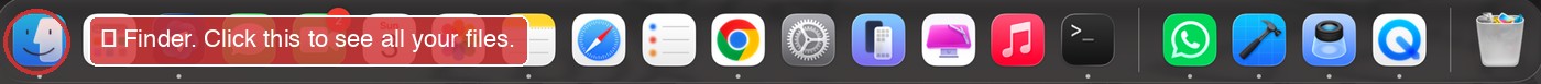 Mac Dock with Finder icon circled in red and labelled