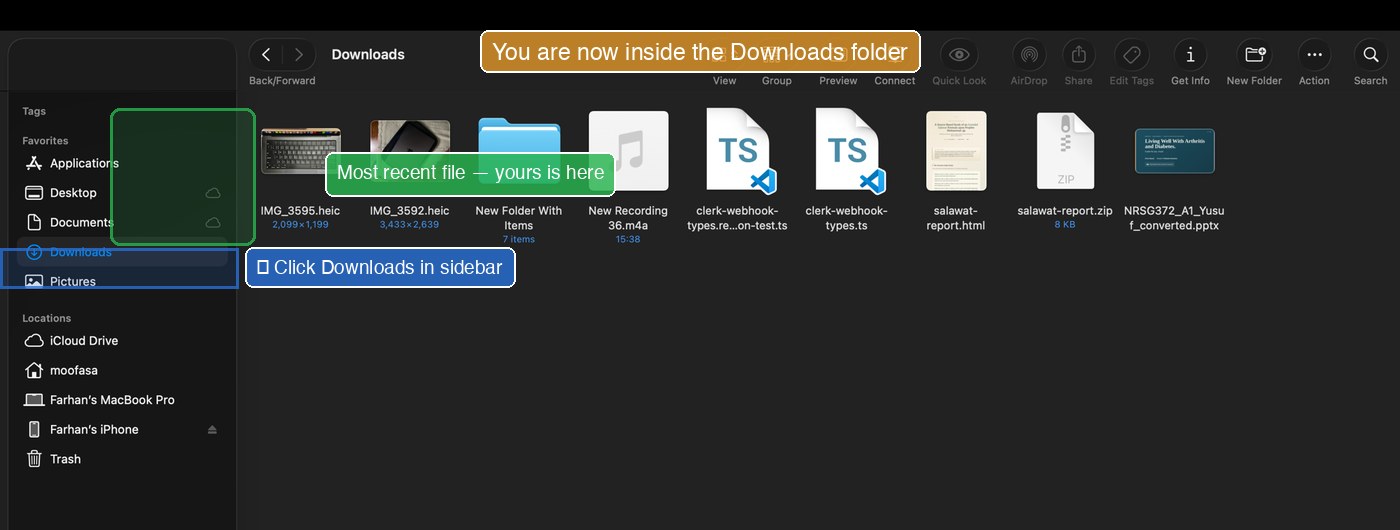 Finder with Downloads selected in the sidebar, showing recent files. Most recent file is highlighted in green.