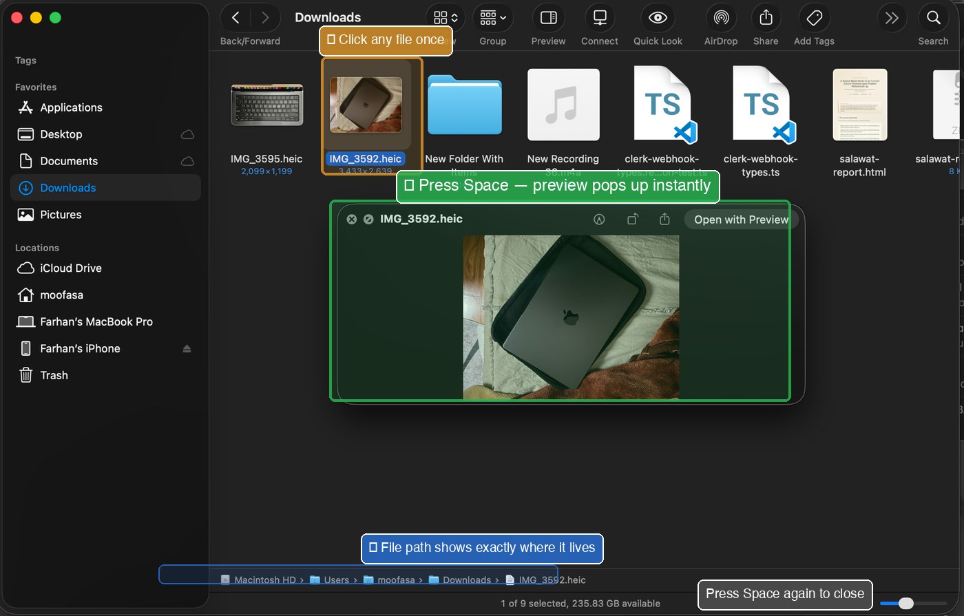 Quick Look preview popup showing a photo, with file path visible at bottom
