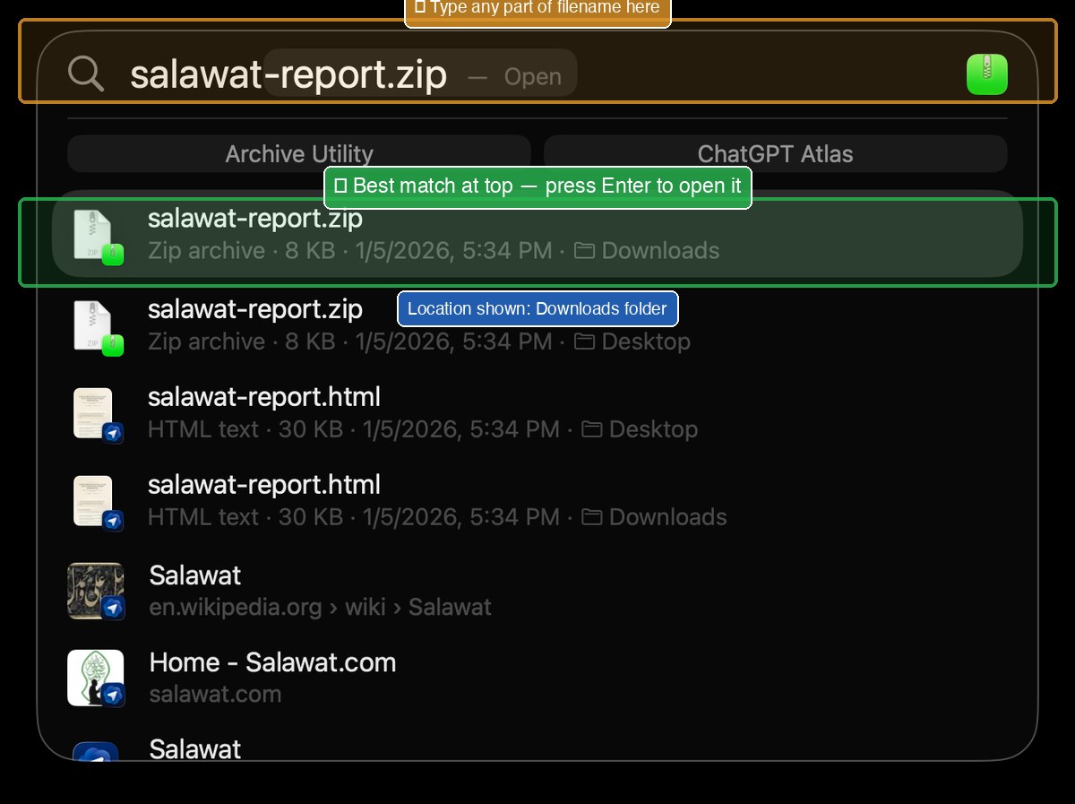 Spotlight showing salawat-report search results with file location shown