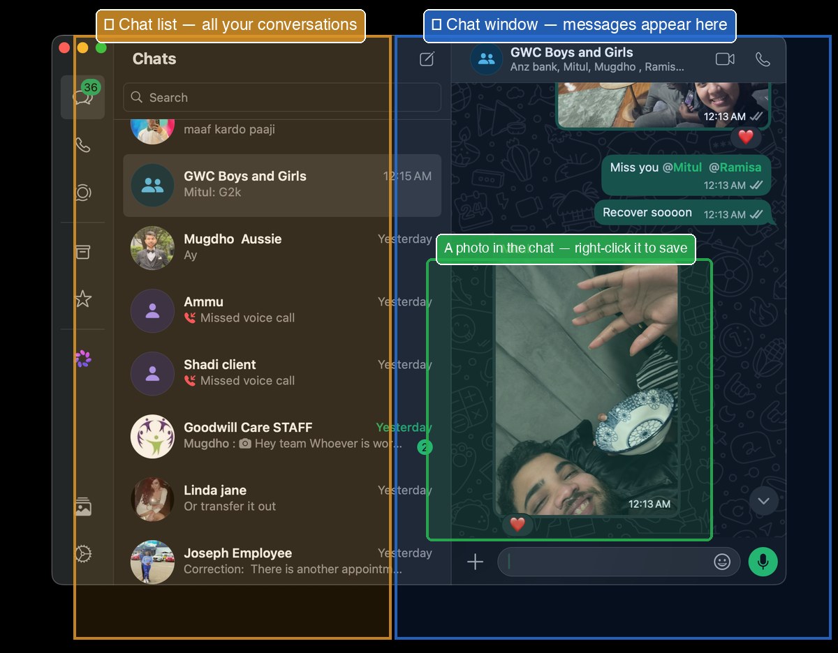 WhatsApp on Mac showing chat list on left and messages on right
