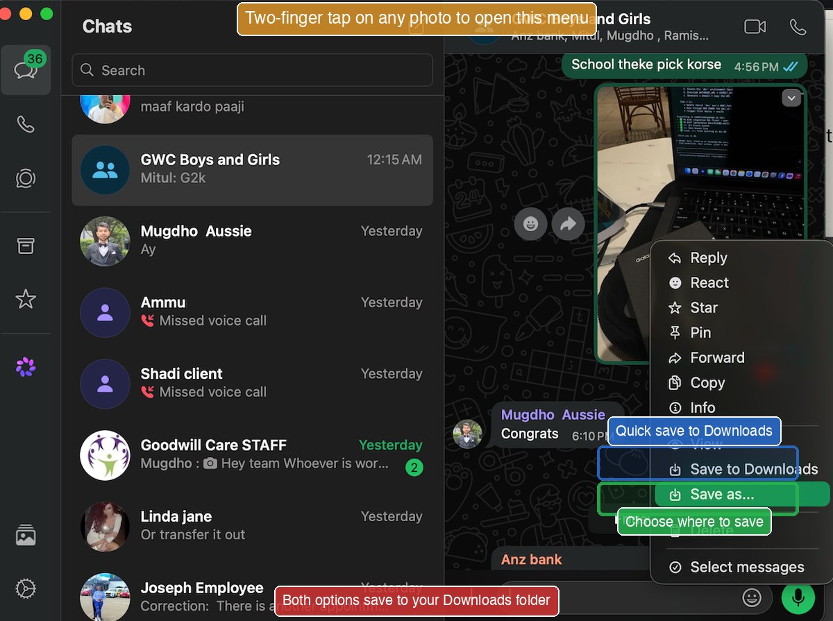 WhatsApp right-click context menu with Save to Downloads and Save as options highlighted