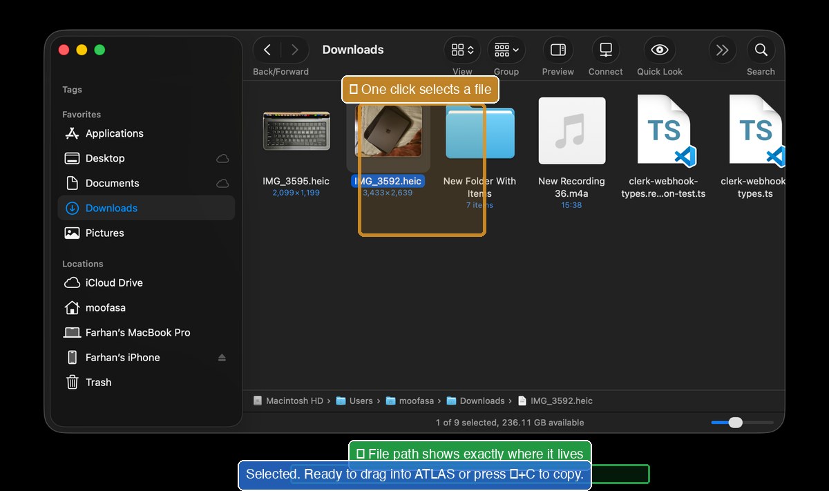 Downloads folder with file selected and path shown at bottom