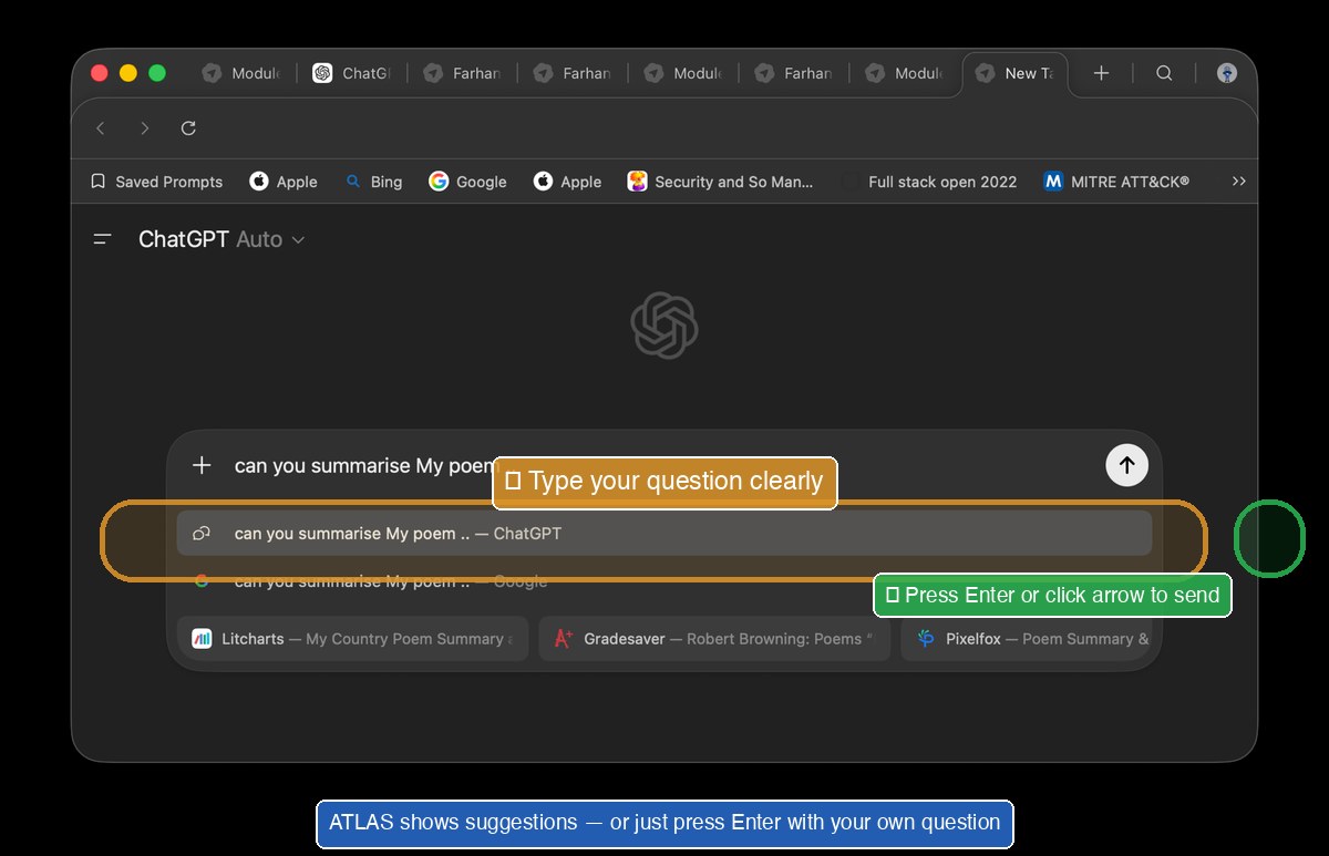 ATLAS with question typed and send button visible