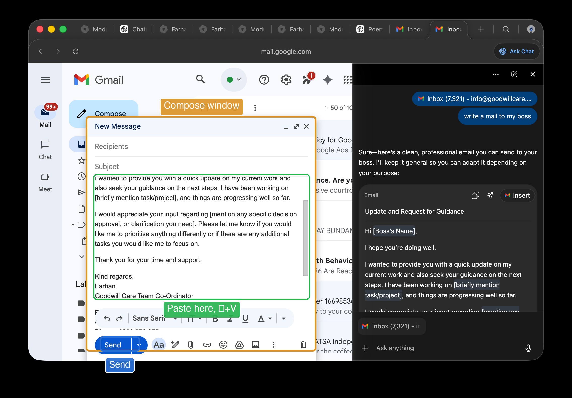 Gmail compose window with pasted ATLAS reply in the body, Send button highlighted.