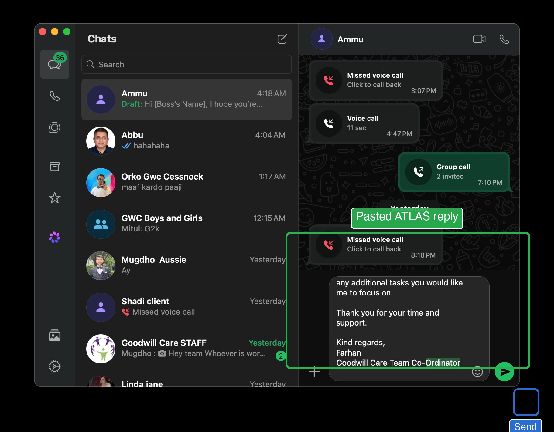 WhatsApp on Mac showing the pasted ATLAS reply ready to send to the contact.