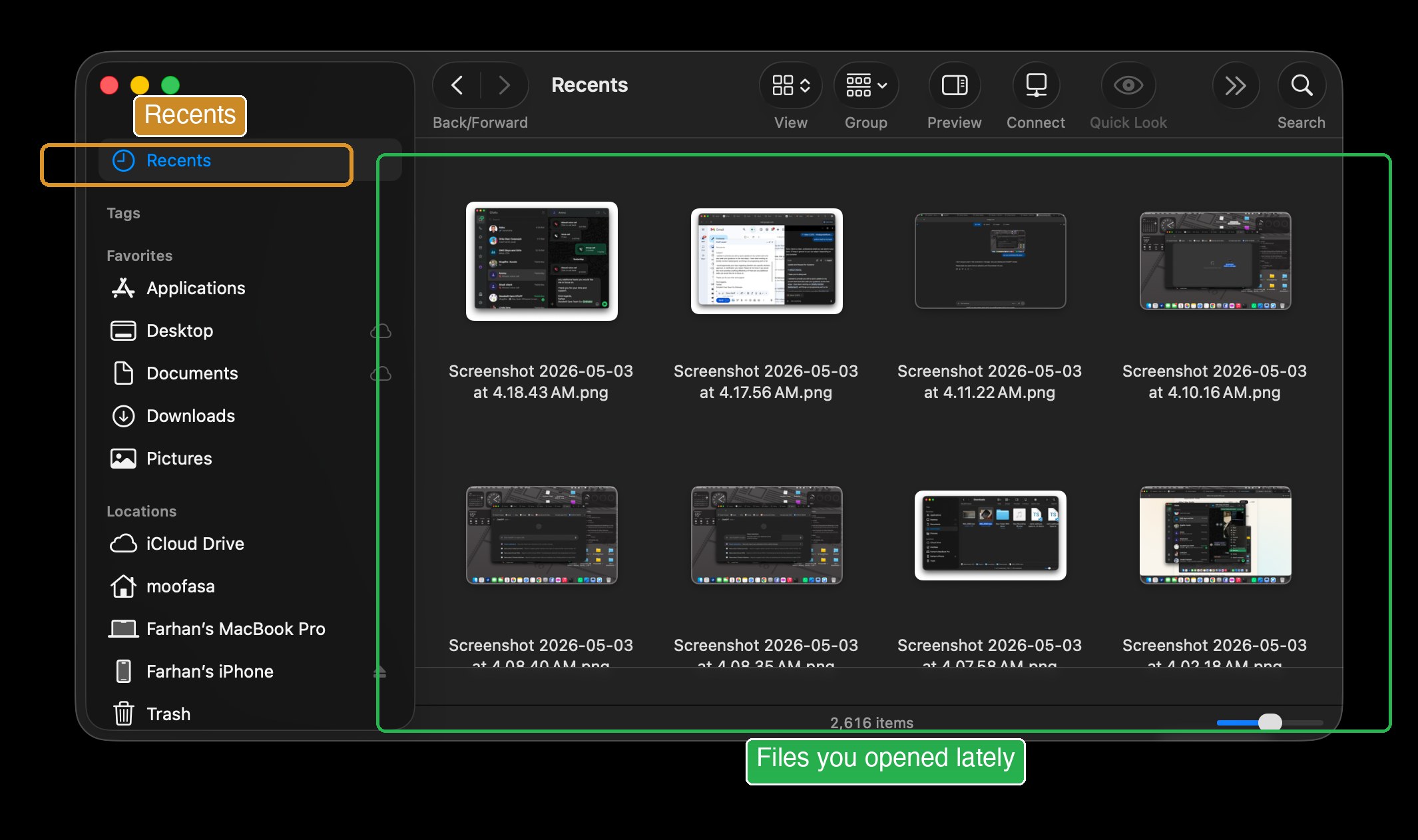 Finder window with Recents selected in the sidebar, showing a grid of files opened recently.