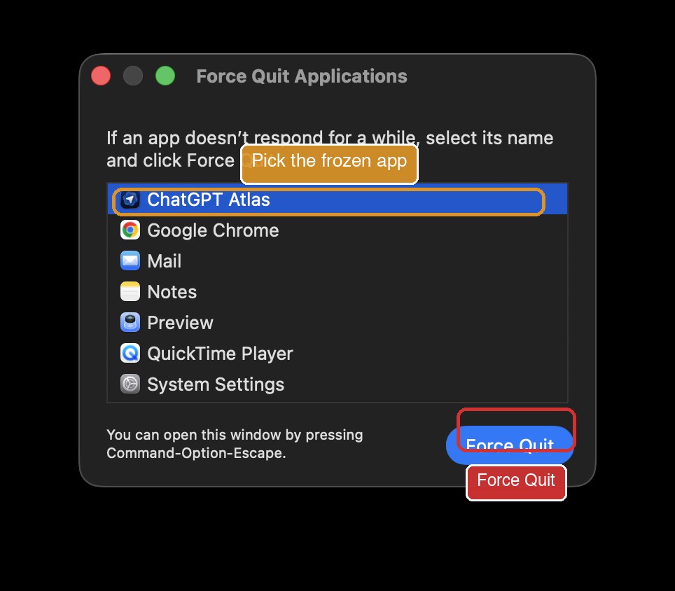 Force Quit Applications window with ChatGPT Atlas selected and the Force Quit button highlighted.